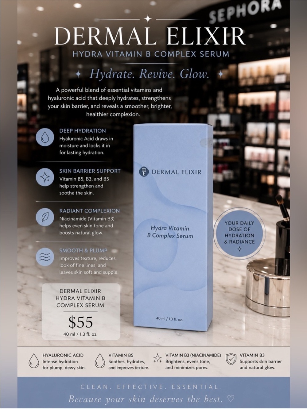 Dermal Elixir Hydra Vitamin B Complex Serum NIB Retail $55